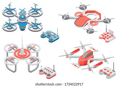 Drone with remote controller, wireless device with propellers, quadcopter symbol, aircraft with remotely radio controlled flying robots, discovery air robot for video and photo, multicopter vector