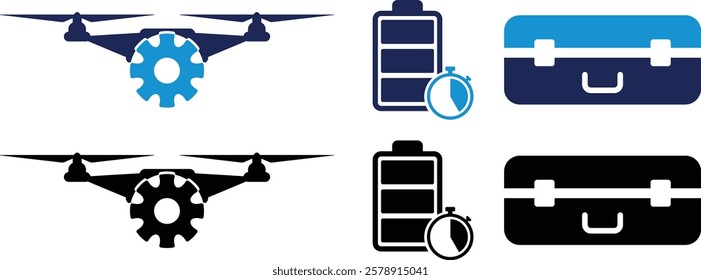 Drone repair kit box simple icon. Drone battery and Maintenance Icon with kit box icon set isolated. Web icons
