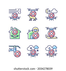 Drone restrictions RGB color manual label icons set. No spying. Pet safety. Potential hazard. Isolated vector illustrations. Simple filled line drawings collection for product use instructions