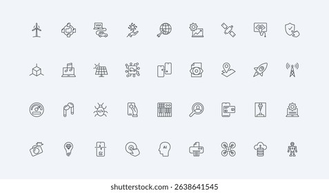 Drone and robot, 3D printer and ultrasound, navigation antenna thin black outline symbol vector illustration. Smart technology, electronic devices and tech gadgets, cybersecurity line icon set