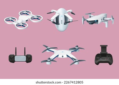 Drone robots. Aerial unmanned vehicle. Controller and propeller. Quadcopter transportation for video. UAV technology. Control joystick. Isolated copters set. Vector 3D illustration
