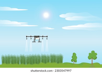 Drone robots to automate irrigation and spray liquid fertilizer in agriculture. Agricultural innovation technology or smart farming system concept.