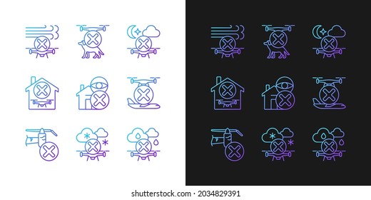 Drone rules gradient manual label icons set for dark and light mode. Thin line contour symbols bundle. Isolated vector outline illustrations collection on black and white for product use instructions