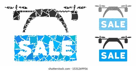 Drone sale banner composition of raggy elements in various sizes and color tinges, based on drone sale banner icon. Vector raggy items are grouped into collage.