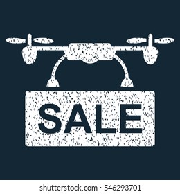 Drone Sale grainy textured icon for overlay watermark stamps. Flat symbol with dust texture. Dotted vector white ink rubber seal stamp with grunge design on a dark blue background.