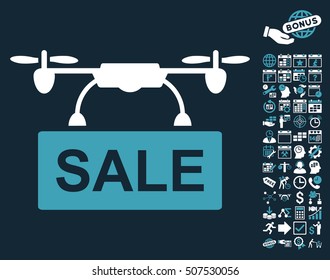 Drone Sale icon with bonus calendar and time service pictures. Vector illustration style is flat iconic symbols, blue and white colors, dark blue background.