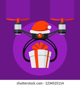 Drone with Santa Hat and red ball as deer nose with gift box with bow. Drone delivery present. Modern delivery of gifts for Christmas or New Year. Concept of Fast Express Delivery for Event