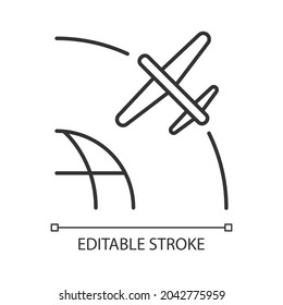 Drone Satellite linear icon. Rotation of drone satelite in geostationary orbit. Thin line customizable illustration. Contour symbol. Vector isolated outline drawing. Editable stroke