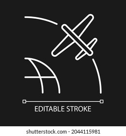 Drone Satellite white linear icon for dark theme. Rotation of drone satelite in geostationary orbit. Thin line customizable illustration. Isolated vector contour symbol for night mode. Editable stroke