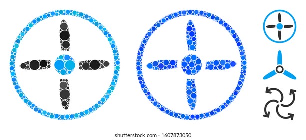 Drone screw composition of filled circles in variable sizes and color tones, based on drone screw icon. Vector filled circles are grouped into blue collage.
