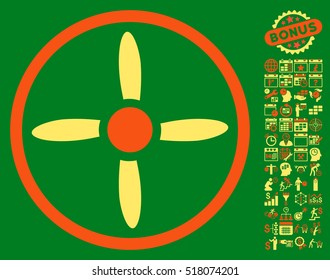 Drone Screw icon with bonus calendar and time management pictograms. Vector illustration style is flat iconic symbols, orange and yellow colors, green background.