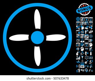 Drone Screw pictograph with bonus calendar and time service design elements. Vector illustration style is flat iconic symbols, blue and white colors, black background.