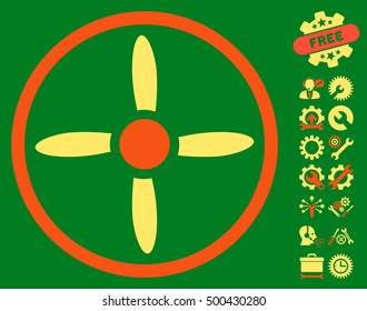 Drone Screw pictograph with bonus setup tools design elements. Vector illustration style is flat iconic symbols, orange and yellow colors, green background.