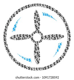 Drone screw rotation collage of dollars and spheric spots. Vector banking pictograms are organized into drone screw rotation composition.