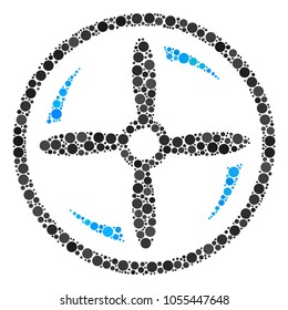 Drone Screw Rotation collage of filled circles in various sizes and color tones. Circle dots are united into drone screw rotation vector collage. Vector illustration.