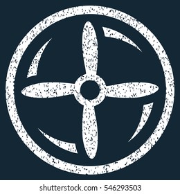 Drone Screw Rotation grainy textured icon for overlay watermark stamps. Flat symbol with dust texture. Dotted vector white ink rubber seal stamp with grunge design on a dark blue background.