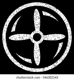 Drone Screw Rotation grainy textured icon for overlay watermark stamps. Flat symbol with dust texture. Dotted vector white ink rubber seal stamp with grunge design on a black background.
