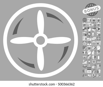 Drone Screw Rotation icon with bonus calendar and time service design elements. Vector illustration style is flat iconic symbols, dark gray and white colors, silver background.