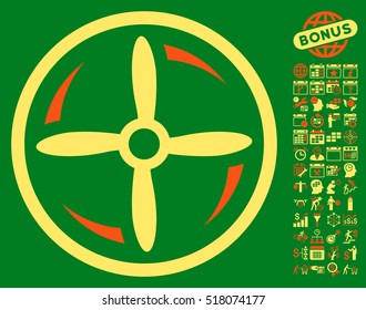 Drone Screw Rotation icon with bonus calendar and time service pictograph collection. Vector illustration style is flat iconic symbols, orange and yellow colors, green background.