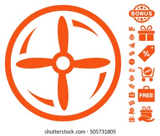 Drone Screw Rotation icon with free bonus pictograms. Vector illustration style is flat iconic symbols, orange color, white background.