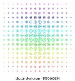 Drone Screw Rotation icon rainbow colored halftone pattern. Vector drone screw rotation shapes arranged into halftone grid with vertical spectrum gradient. Designed for backgrounds,