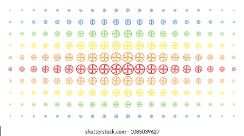 Drone screw rotation icon spectral halftone pattern. Vector drone screw rotation objects are organized into halftone matrix with vertical spectrum gradient. Constructed for backgrounds, covers,
