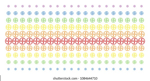 Drone Screw Rotation icon spectrum halftone pattern. Vector shapes arranged into halftone matrix with vertical rainbow colors gradient. Designed for backgrounds, covers,