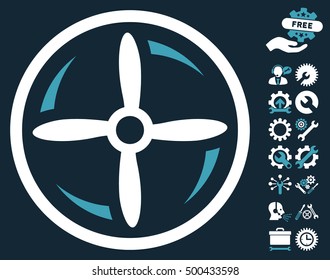 Drone Screw Rotation pictograph with bonus tools pictograph collection. Vector illustration style is flat iconic symbols, blue and white colors, dark blue background.