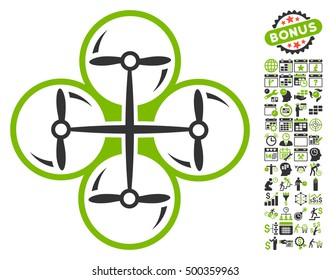 Drone Screws icon with bonus calendar and time service pictures. Vector illustration style is flat iconic symbols, eco green and gray colors, white background.