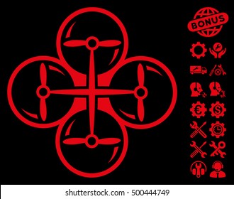 Drone Screws icon with bonus setup tools graphic icons. Vector illustration style is flat iconic symbols, red color, black background.