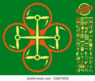 Drone Screws pictograph with bonus calendar and time management symbols. Vector illustration style is flat iconic symbols, orange and yellow colors, green background.