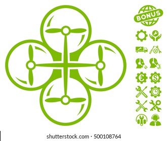 Drone Screws pictograph with bonus options symbols. Vector illustration style is flat iconic symbols, eco green color, white background.
