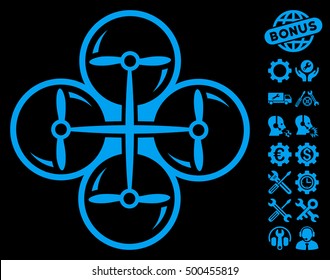 Drone Screws pictograph with bonus service images. Vector illustration style is flat iconic symbols, blue color, black background.