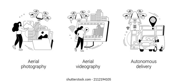 Drone service abstract concept vector illustration set. Aerial photography and videography, autonomous delivery, video production, commercial shooting, automated courier service abstract metaphor.