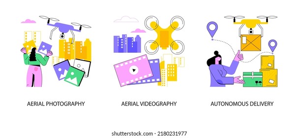 Juego de ilustraciones vectoriales de concepto abstracto del servicio de drones. Fotografía aérea y videografía, entrega autónoma, producción de vídeo, filmación comercial, metáfora abstracta de servicio de mensajería automatizada.