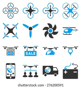 Drone service icon set designed with modern corporate light blue and gray colors. These flat bicolor pictograms are isolated on white background.