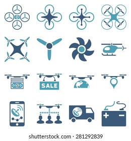 Drone service icon set designed with modern corporate cyan and blue colors. These flat bicolor pictograms are isolated on white background.