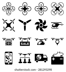 Drone service icon set designed with black color. These flat pictograms are isolated on a white background.