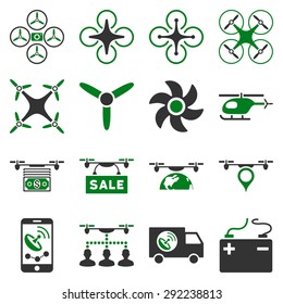 Drone service icon set designed with green and gray colors. These flat bicolor pictograms are isolated on a white background.