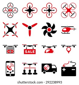 Drone service icon set designed with intensive red and black colors. These flat bicolor pictograms are isolated on a white background.