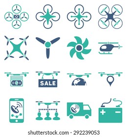 Drone service icon set designed with cobalt and cyan colors. These flat bicolor pictograms are isolated on a white background.