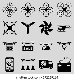 Drone service icon set designed with black color. These flat pictograms are isolated on a light gray background.