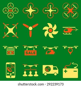 Drone service icon set designed with orange and yellow colors. These flat bicolor pictograms are isolated on a green background.