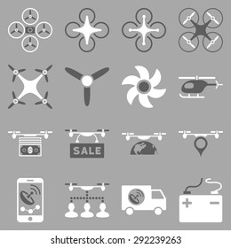 Drone service icon set designed with dark gray and white colors. These flat bicolor pictograms are isolated on a silver background.