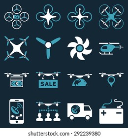 Drone service icon set designed with blue and white colors. These flat bicolor pictograms are isolated on a dark blue background.