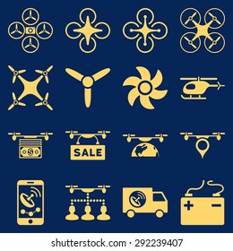 Drone service icon set designed with yellow color. These flat pictograms are isolated on a blue background.