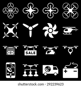 Drone service icon set designed with white color. These flat pictograms are isolated on a black background.