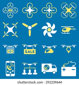 Drone service icon set designed with yellow and white colors. These flat bicolor pictograms are isolated on a blue background.