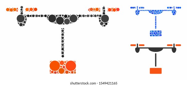 Drone shipment composition of small circles in various sizes and color tinges, based on drone shipment icon. Vector small circles are organized into blue composition.