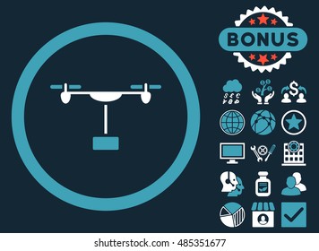 Drone Shipment icon with bonus design elements. Vector illustration style is flat iconic bicolor symbols, blue and white colors, dark blue background.